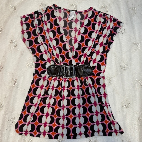 Vintage Tops - Vintage Y2K Anxiety Geometric Belted Tie Waist Top – Size Small